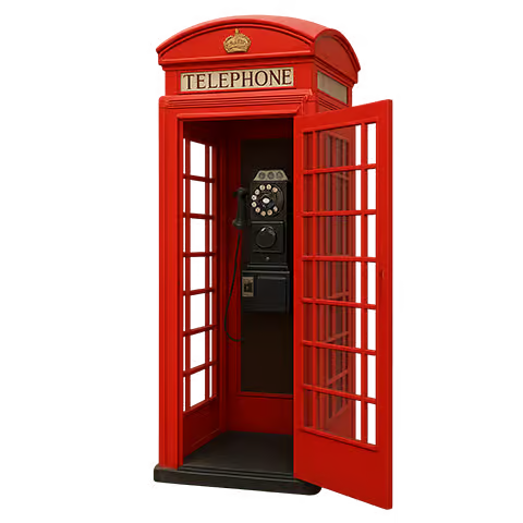 Open red telephone booth with a rotary phone