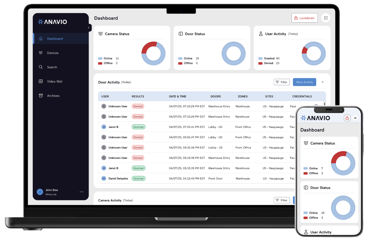Anavio cloud VMS shown on desktop and mobile