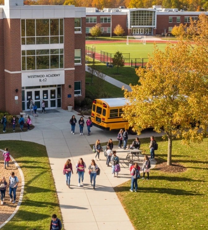 K–12 school campus with students and a school bus