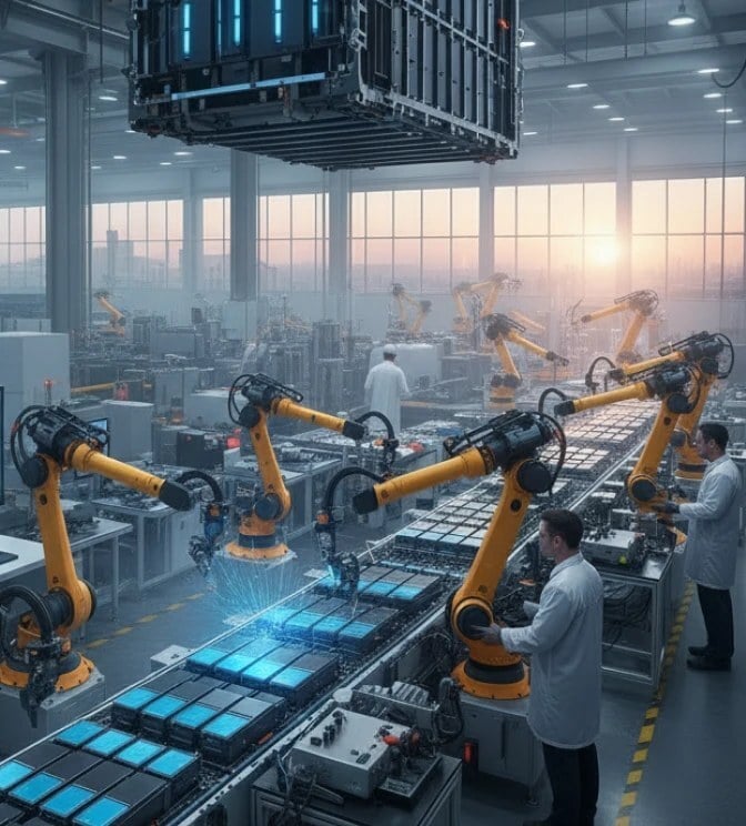 Automated manufacturing floor with robotic arms